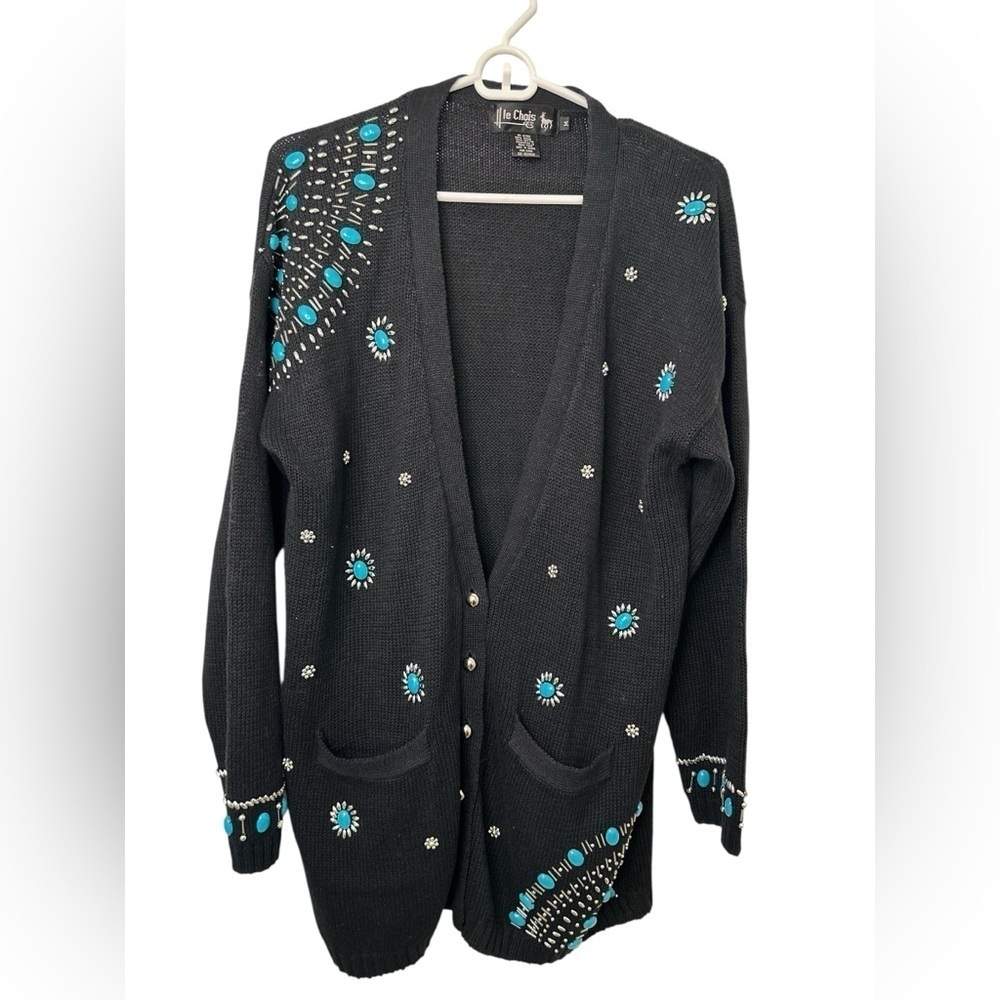 Le Chois Cardigan Medium Black Embellished Knit Sweater Silver Blue Beads NWOT